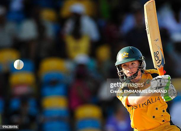 Australian player Jessica Cameron plays a shot during the Women's ICC World Twenty20 final match between Australia and New Zealand at the Kensington...