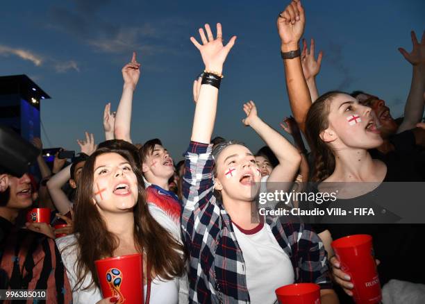 English fans react during the 2018 FIFA World Cup Russia Semi Final match between England and Croatia at Luzhniki Stadium on July 11, 2018 in Moscow,...