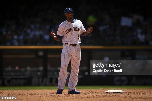 Lorenzo Cain of the Milwaukee Brewers stands on second base in the third inning against the Atlanta Braves at Miller Park on July 8, 2018 in...