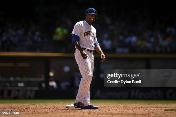 Lorenzo Cain of the Milwaukee Brewers stands on second base in the third inning against the Atlanta Braves at Miller Park on July 8, 2018 in...