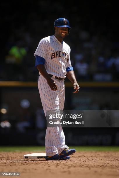 Lorenzo Cain of the Milwaukee Brewers stands on second base in the third inning against the Atlanta Braves at Miller Park on July 8, 2018 in...