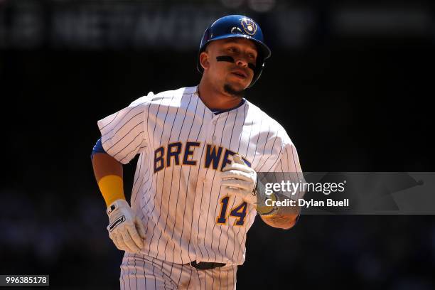 Hernan Perez of the Milwaukee Brewers rounds the bases after hitting a home run in the third inning against the Atlanta Braves at Miller Park on July...