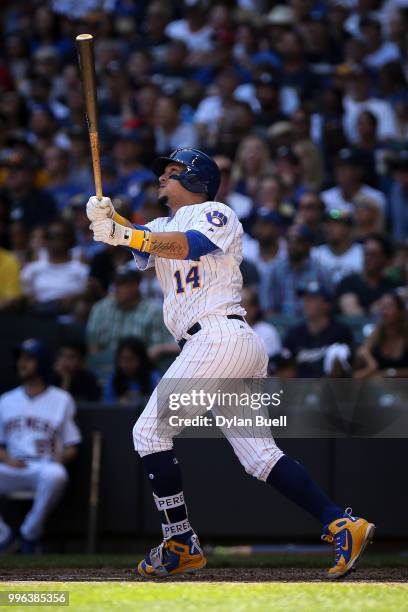 Hernan Perez of the Milwaukee Brewers hits a home run in the third inning against the Atlanta Braves at Miller Park on July 8, 2018 in Milwaukee,...