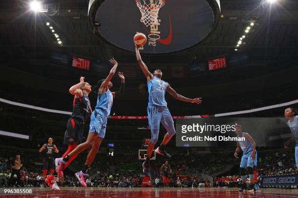 Jessica Breland of the Atlanta Dream grabs a rebound against the Washington Mystics on July 11, 2018 at Capital One Arena in Washington, DC. NOTE TO...