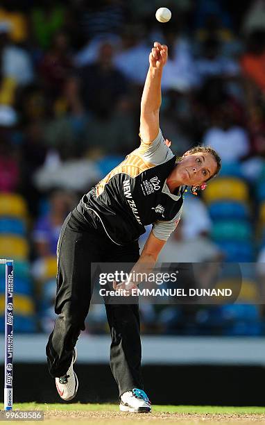 New Zealand bowler Kate Broadmore delivers a ball during the Women's ICC World Twenty20 final match between Australia and New Zealand at the...
