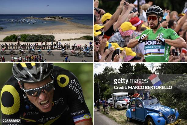 This combination of photos taken during the fifth stage of the 105th edition of the Tour de France cycling race between Lorient and Quimper, western...