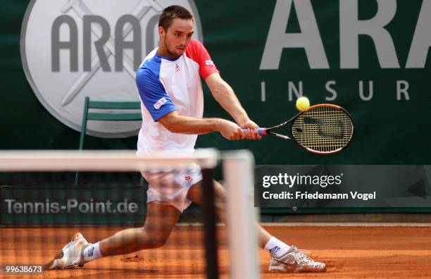 Victor Troicki of Serbia in action during his match against Juan Monaco of Argentina during the second day of the ARAG World Team Cup at the...