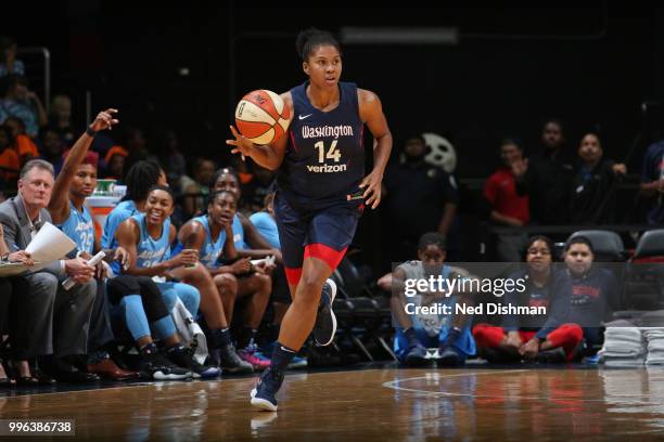 Tierra Ruffin-Pratt of the Washington Mystics dribbles the ball up court against the Atlanta Dream on July 11, 2018 at Capital One Arena in...