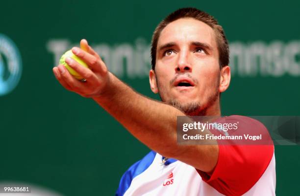 Victor Troicki of Serbia in action during his match against Juan Monaco of Argentina during the second day of the ARAG World Team Cup at the...