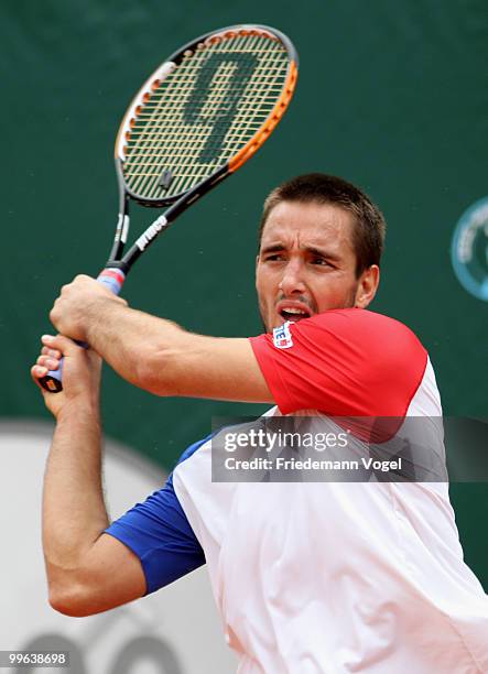 Victor Troicki of Serbia in action during his match against Juan Monaco of Argentina during the second day of the ARAG World Team Cup at the...