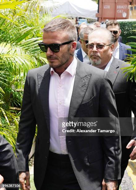 David Beckham is seen arriving at an England vs Croatia World Cup semi-finals match watch party on July 11, 2018 in Miami, Florida.