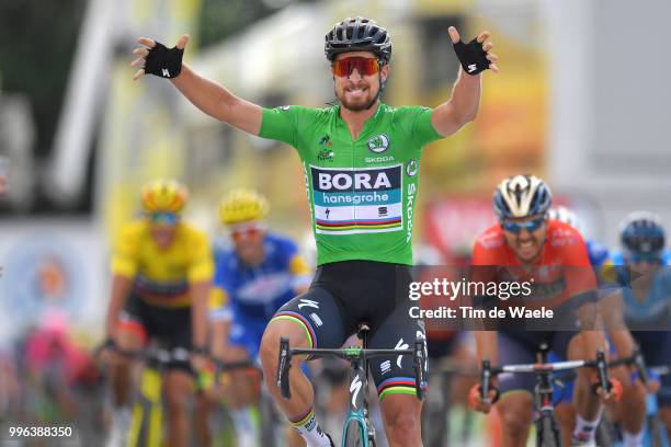 Arrival / Peter Sagan of Slovakia and Team Bora Hansgrohe Green Sprint Jersey Celebration / Sonny Colbrelli of Italy and Bahrain Merida Pro Team /...