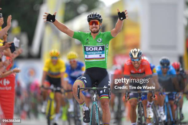 Arrival / Peter Sagan of Slovakia and Team Bora Hansgrohe Green Sprint Jersey Celebration / Sonny Colbrelli of Italy and Bahrain Merida Pro Team /...