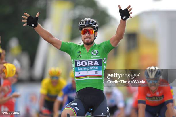 Arrival / Peter Sagan of Slovakia and Team Bora Hansgrohe Green Sprint Jersey Celebration / Sonny Colbrelli of Italy and Bahrain Merida Pro Team /...