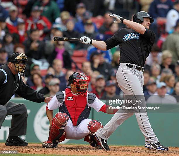 Lyle Overbay of the Toronto Blue Jays doubles during the game between the Toronto Blue Jays and the Boston Red Sox on Wednesday, May 12 at Fenway...