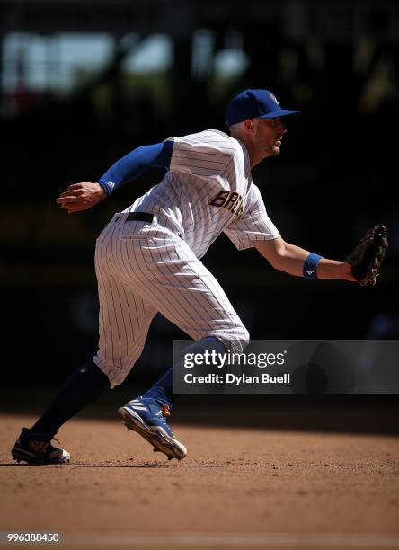 Travis Shaw of the Milwaukee Brewers plays third base in the seventh inning against the Atlanta Braves at Miller Park on July 8, 2018 in Milwaukee,...