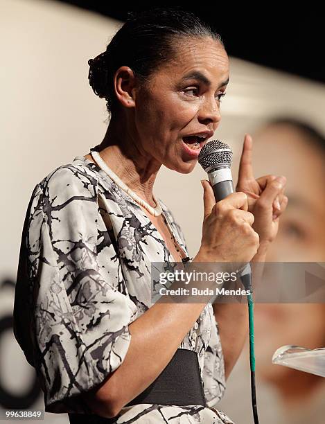 Brazilian presidential pre-candidate Marina Silva, of Partido Verde sepask during the party's convention during which her candidature in the 2010...