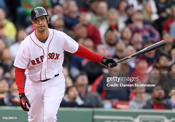 Mike Lowell of the Boston Red Sox reacts to striking out during the game between the Toronto Blue Jays and the Boston Red Sox on Wednesday, May 12 at...