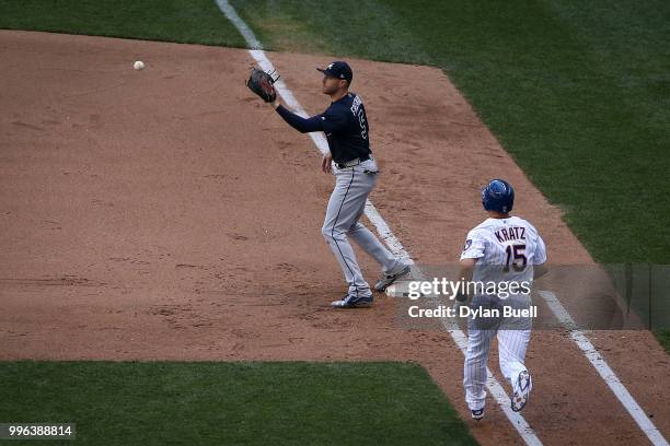 Freddie Freeman of the Atlanta Braves receives a throw at first base to force out Erik Kratz of the Milwaukee Brewers in the sixth inning at Miller...