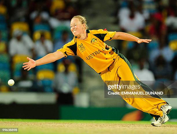 Australian bowler Clea Smith attempts a catch during the Women's ICC World Twenty20 final match between Australia and New Zealand at the Kensington...