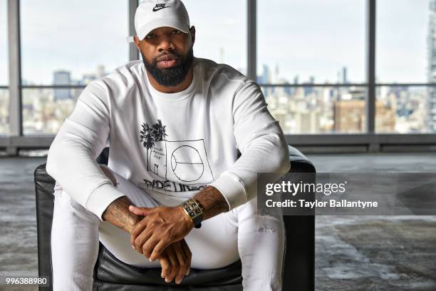 Fashionable 50: Portrait of Green Bay Packers tight end Marcedes Lewis posing during photo shoot at 7 World Trade Center. New York, NY 4/7/2018...