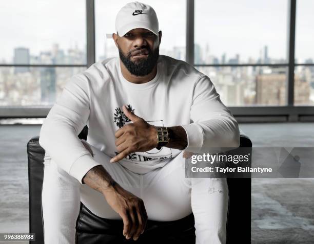 Fashionable 50: Portrait of Green Bay Packers tight end Marcedes Lewis posing during photo shoot at 7 World Trade Center. New York, NY 4/7/2018...