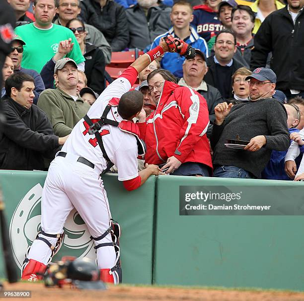 Victor Martinez of the Boston Red Sox makes a catch of a foul pop fly during the game between the Toronto Blue Jays and the Boston Red Sox on...