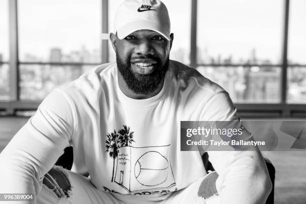Fashionable 50: Portrait of Green Bay Packers tight end Marcedes Lewis posing during photo shoot at 7 World Trade Center. New York, NY 4/7/2018...