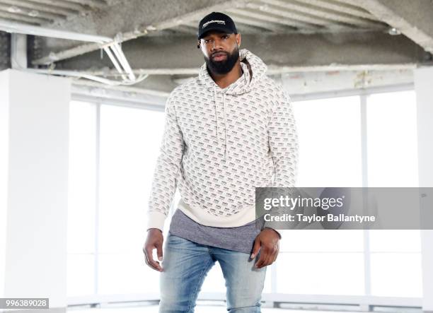 Fashionable 50: Portrait of Green Bay Packers tight end Marcedes Lewis posing during photo shoot at 7 World Trade Center. New York, NY 4/7/2018...