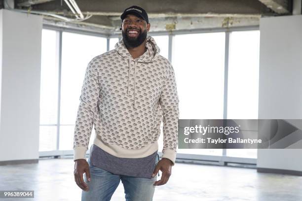 Fashionable 50: Portrait of Green Bay Packers tight end Marcedes Lewis posing during photo shoot at 7 World Trade Center. New York, NY 4/7/2018...