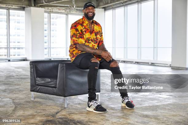 Fashionable 50: Portrait of Green Bay Packers tight end Marcedes Lewis posing during photo shoot at 7 World Trade Center. New York, NY 4/7/2018...