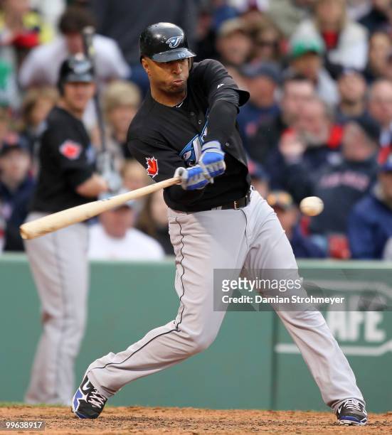 Vernon Wells of the Toronto Blue Jays swings at a Tim Wakefield knuckleball during the game between the Toronto Blue Jays and the Boston Red Sox on...
