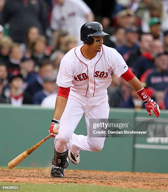 Victor Martinez of the Boston Red Sox watches a hit during the game between the Toronto Blue Jays and the Boston Red Sox on Wednesday, May 12 at...