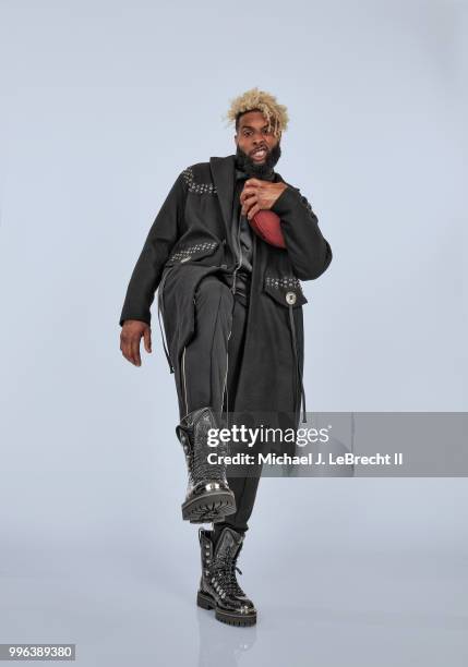 Fashionable 50: Portrait of New York Giants wide receiver Odell Beckham Jr. Posing during photo shoot at Meredith Photo Studios. New York, NY...