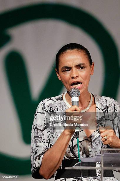 Brazilian presidential pre-candidate Marina Silva, of Partido Verde sepask during the party's convention during which her candidature in the 2010...