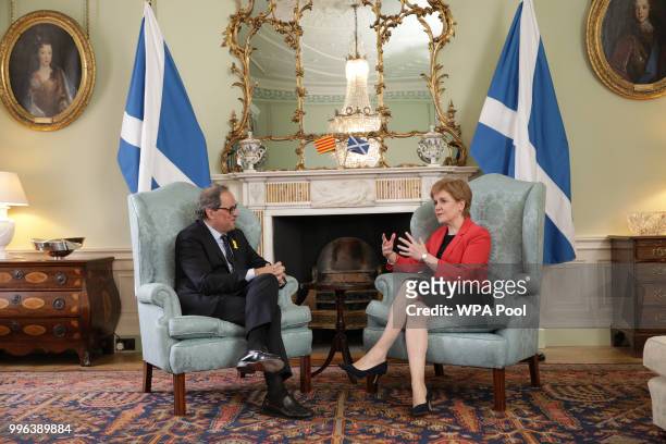Scotland's First Minister Nicola Sturgeon meets with the President of Catalonia Quim Torra at Bute House on July 11, 2018 in Edinburgh, Scotland.