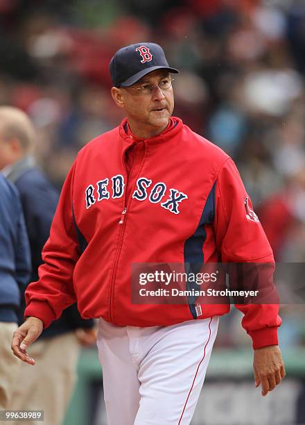 Manager Terry Francona of the Boston Red Sox leaves the field after being ejected from the game for arguing a strike call with Home Plate umpire Dale...