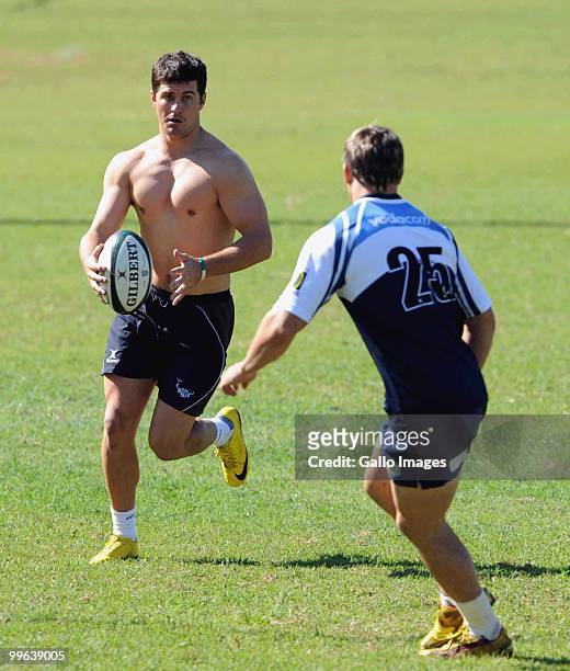 Morne Steyn and Jacques-Louis Potgieter in action during the Vodacom Bulls training session from Loftus Versfeld, B Field on May 17, 2010 in...