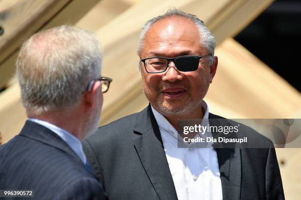 Artist Mel Chin attends the unveiling of his large-scale sculpture "Wake" and companion mixed reality piece "Unmoored" in Times Square on July 11,...