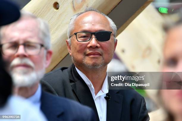 Artist Mel Chin attends the unveiling of his large-scale sculpture "Wake" and companion mixed reality piece "Unmoored" in Times Square on July 11,...