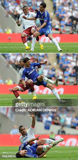 Combination of file pictures taken on May 15, 2010 shows Chelsea's German midfielder Michael Ballack react as he is tackled by Portsmouth's...