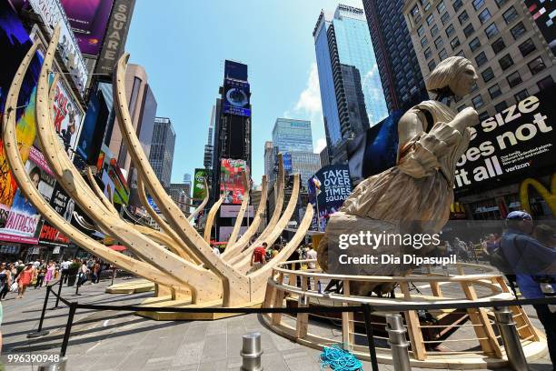 View of atmosphere during the unveiling of artist Mel Chin's large-scale sculpture "Wake" and companion mixed reality piece "Unmoored" in Times...