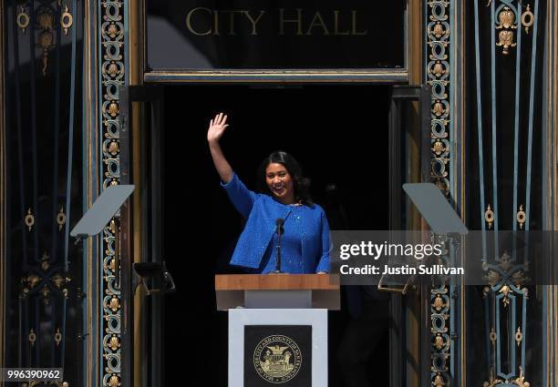 San Francisco mayor London Breed waves during her inauguration at San Francisco City Hall on July 11, 2018 in San Francisco, California. London Breed...