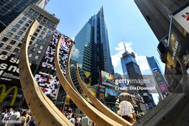 View of atmosphere during the unveiling of artist Mel Chin's large-scale sculpture "Wake" and companion mixed reality piece "Unmoored" in Times...