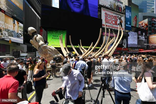 View of atmosphere during the unveiling of artist Mel Chin's large-scale sculpture "Wake" and companion mixed reality piece "Unmoored" in Times...