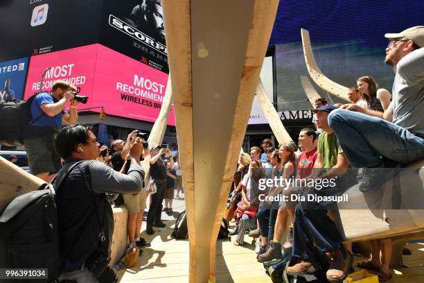 View of atmosphere during the unveiling of artist Mel Chin's large-scale sculpture "Wake" and companion mixed reality piece "Unmoored" in Times...
