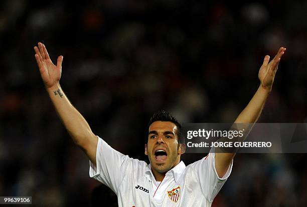 Sevilla's midfielder Alvaro Negredo gestures during a Spanish league football match against Almeria at Juegos del Mediterraneo stadium in Almeria on...