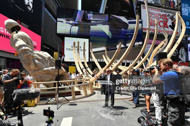 View of atmosphere during the unveiling of artist Mel Chin's large-scale sculpture "Wake" and companion mixed reality piece "Unmoored" in Times...