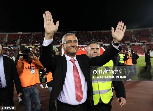 Mallorca's coach Gregorio Manzano celebrates after Mallorca qualified for the Europa League after winning their Spanish League football match against...