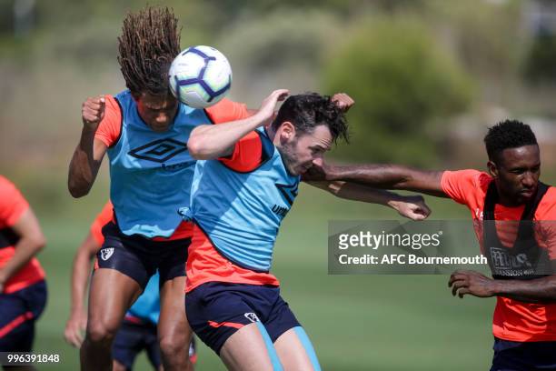 Nathan Ake and Adam Smith of Bournemouth during pre-season training at the Cherries training camp at La Manga, Spain on July 11, 2018 in La Manga,...